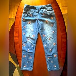 Kids Embroidered jeans. Pull-on, stretchy, 4 pockets. Blue. Kids size 12-14